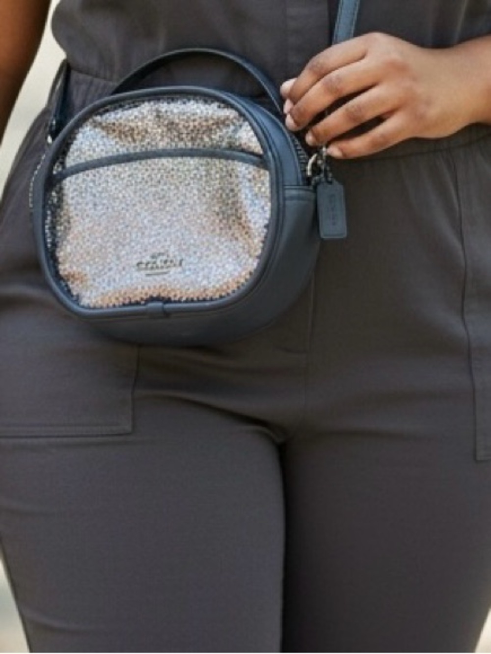 Coach Small Black Leather Round Crossbody with Silver Sequin Front